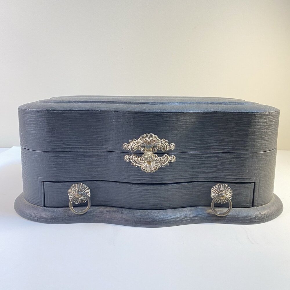 Antique Victorian Era Vanity Ebony and Silver Dresser In Leather Box